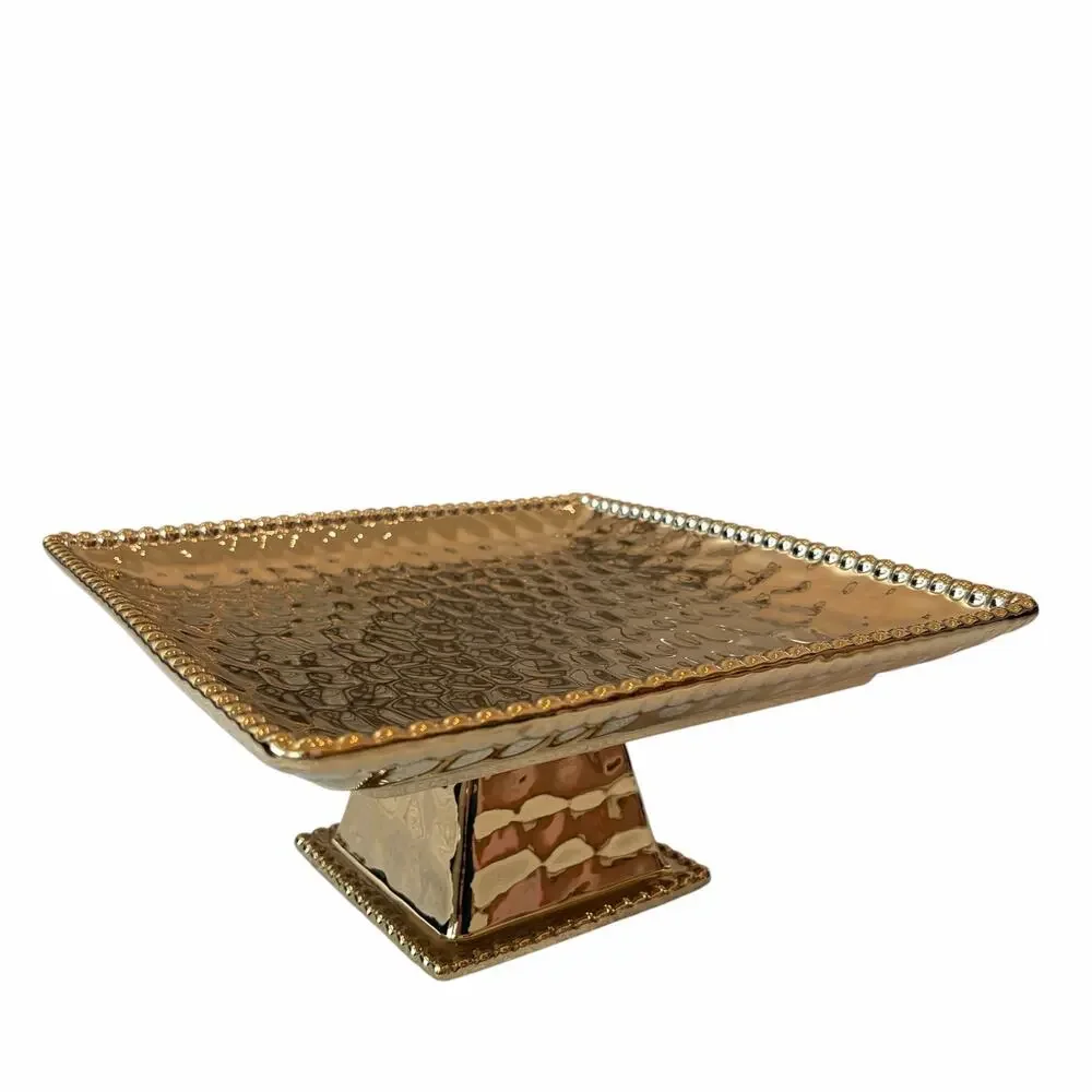 Glam Hammered Metallic Gold Enameled Footed Cake Stand 11